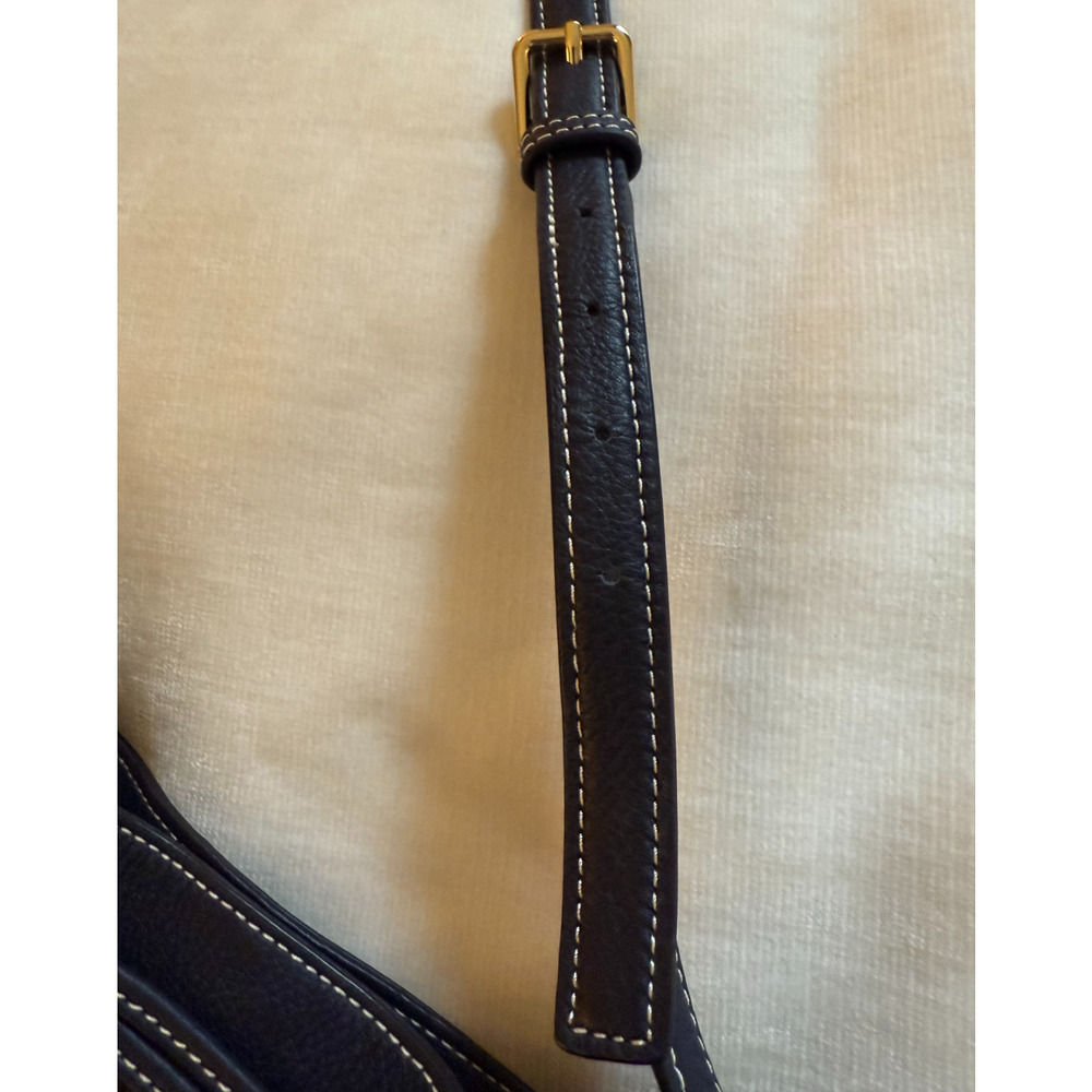 Talbots Purse Blue Quilted Bucket Bag Brown Leather Trim Crossbody Drawstring - Picture 9 of 11